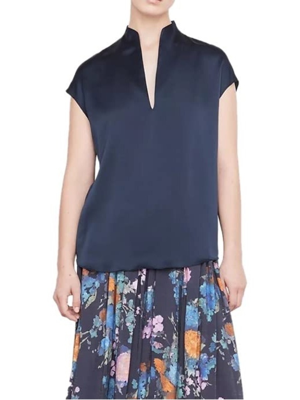 Vince Navy Silk Split-Neck Cap Sleeve Blouse